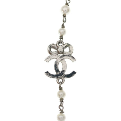 Chanel CC Logo Necklace Choker Pearl Rhinestone Ribbon Silver — view 3