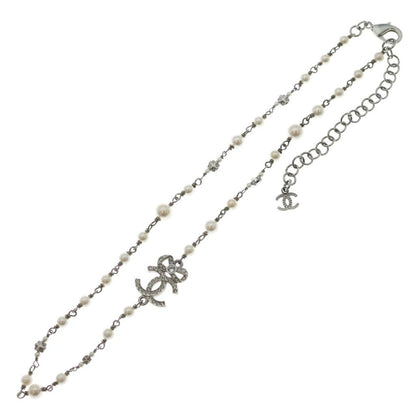 Chanel CC Logo Necklace Choker Pearl Rhinestone Ribbon Silver — view 2