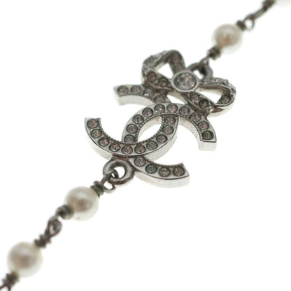 Chanel CC Logo Necklace Choker Pearl Rhinestone Ribbon Silver — view 5