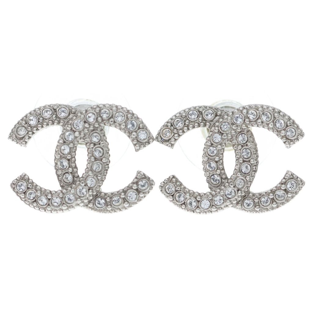 Chanel CC Logo Rhinestone Earrings Silver