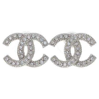 Chanel CC Logo Rhinestone Earrings Silver