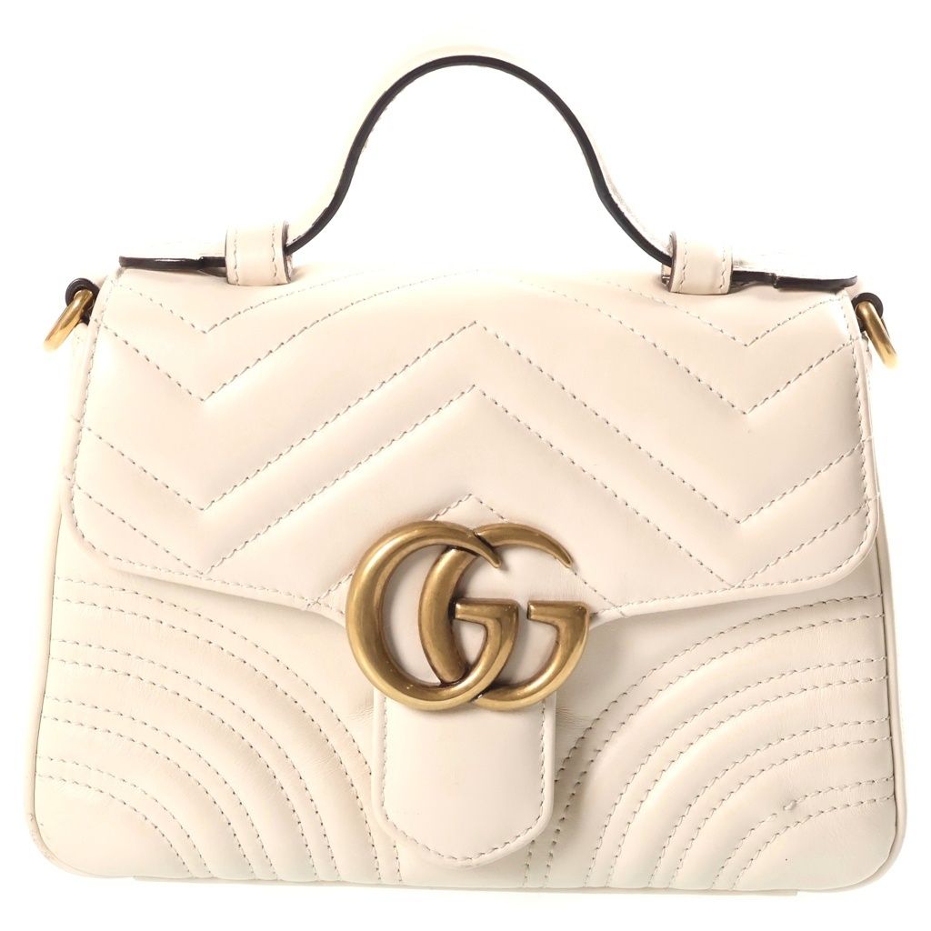 Gucci GG Marmont Mini Leather 2-Way Top Handle Chain Shoulder Bag Gold Ivory