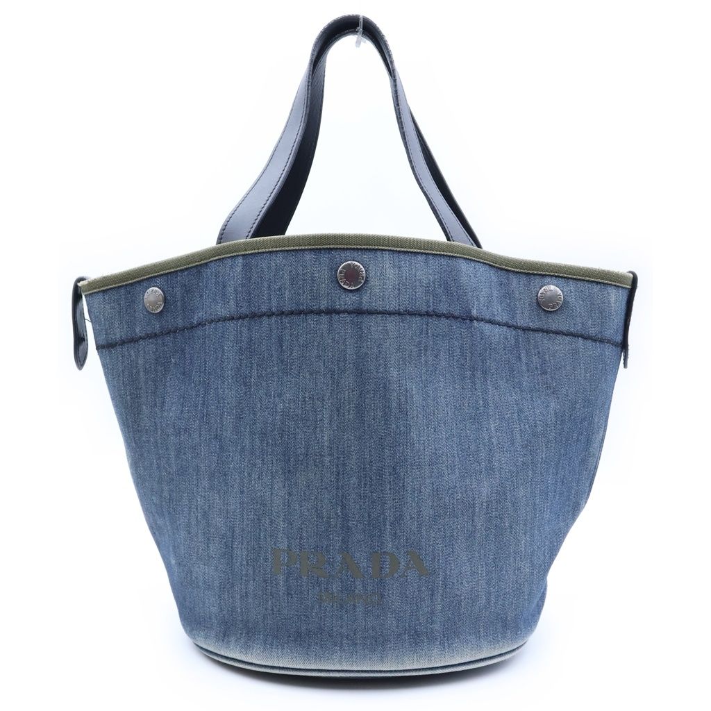 Prada Bucket Shape Tote Bag Indigo Blue Black Denim Leather