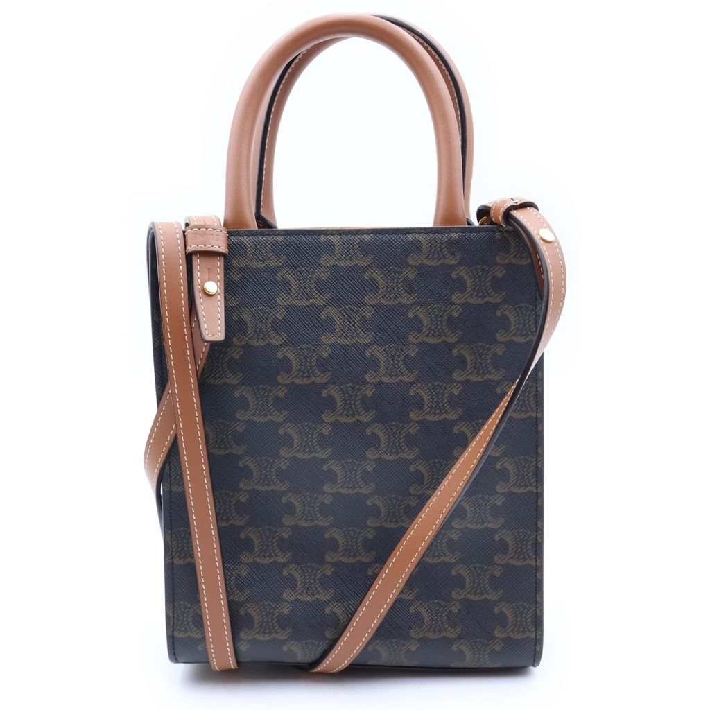 Celine Triomphe Vertical Cabas Mini 2-Way Shoulder Bag Brown Leather Gold — view 2