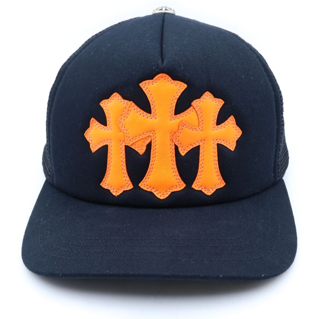 Chrome Hearts Track Khaki Cap 3 Cemetery Leather Patch Mesh Cap Black Orange Hat — view 4