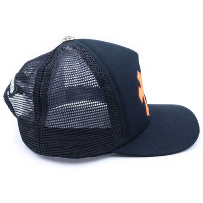 Chrome Hearts Track Khaki Cap 3 Cemetery Leather Patch Mesh Cap Black Orange Hat — view 3
