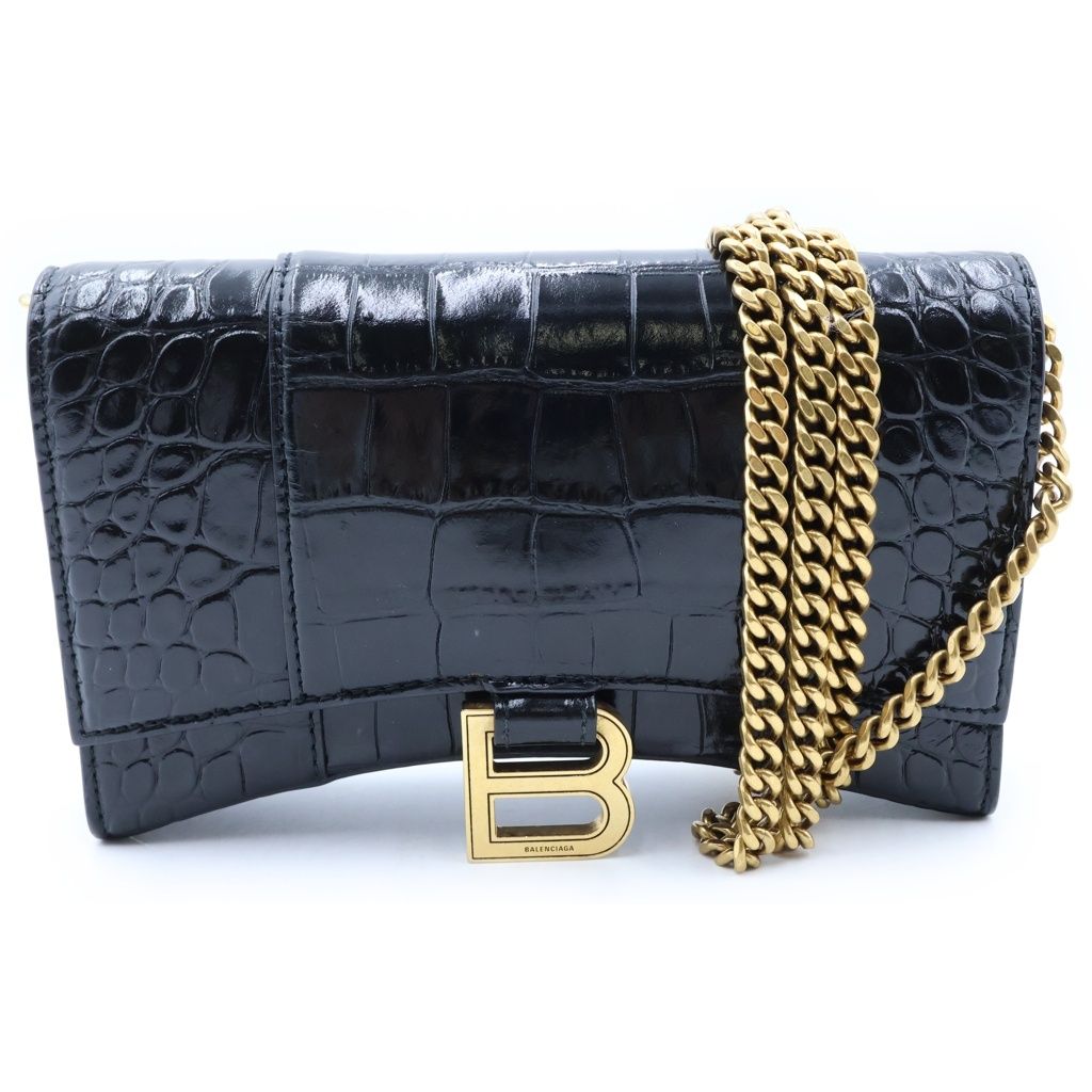 Balenciaga Hourglass Chain Mini Wallet Croco Embossed Leather Black