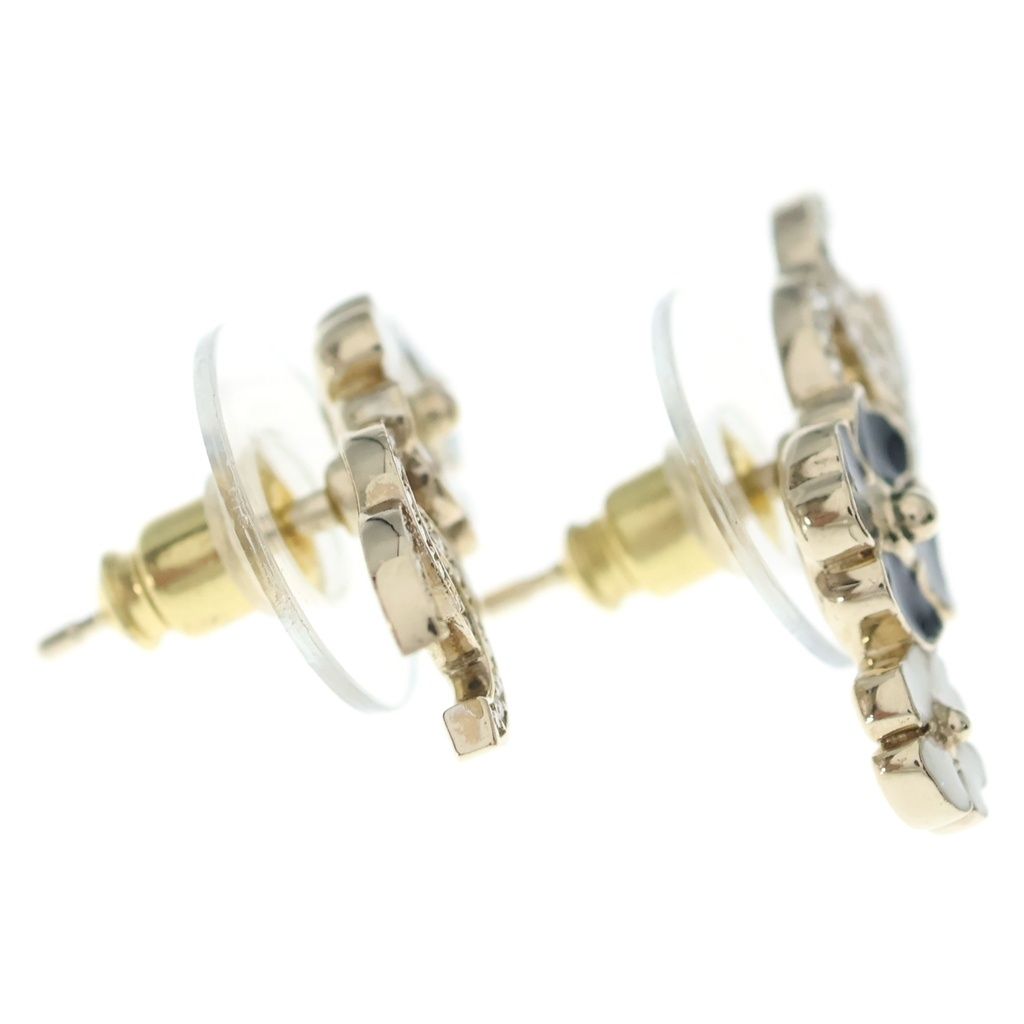 Chanel CC Logo Camellia Earrings Metal Gold Black White Rhinestone — view 4