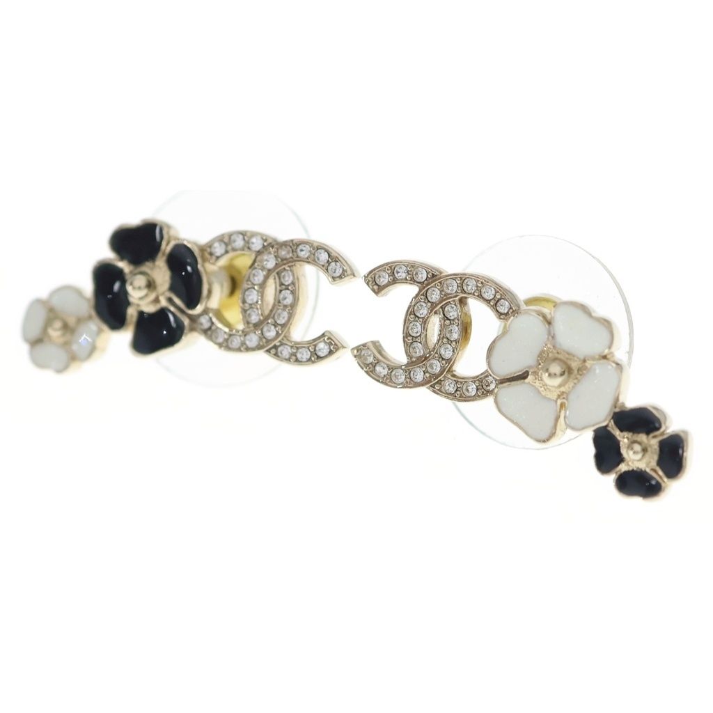 Chanel CC Logo Camellia Earrings Metal Gold Black White Rhinestone