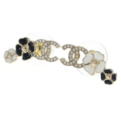 Chanel CC Logo Camellia Earrings Metal Gold Black White Rhinestone