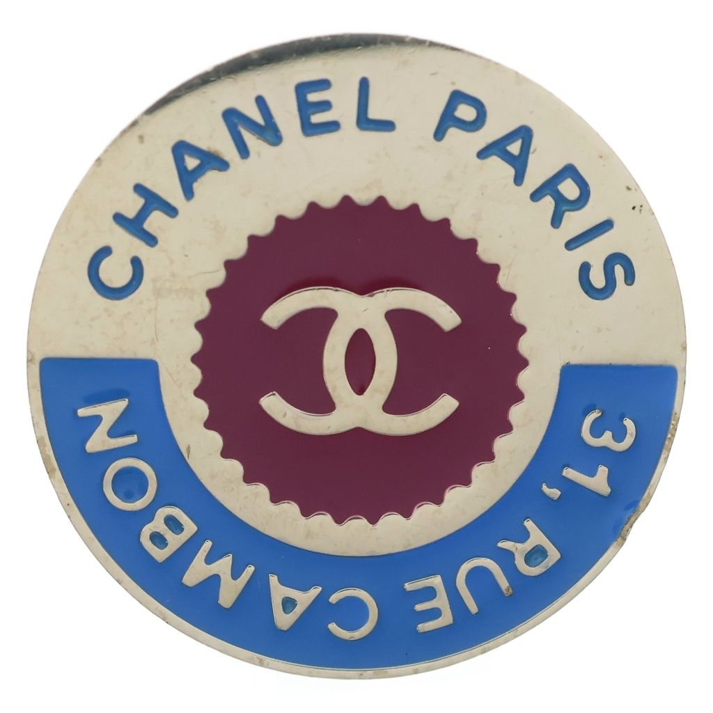 Chanel 31 Rue Cambon Round Pin Brooch Logo CC Blue Red Gold Metal