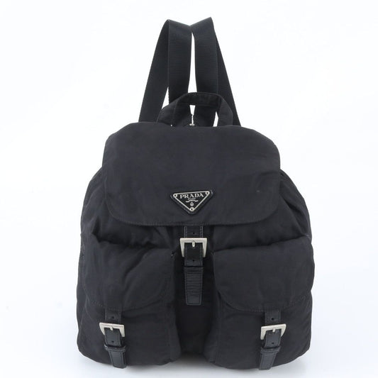 Prada Tessuto Nylon Triangle Logo Leather Backpack Black