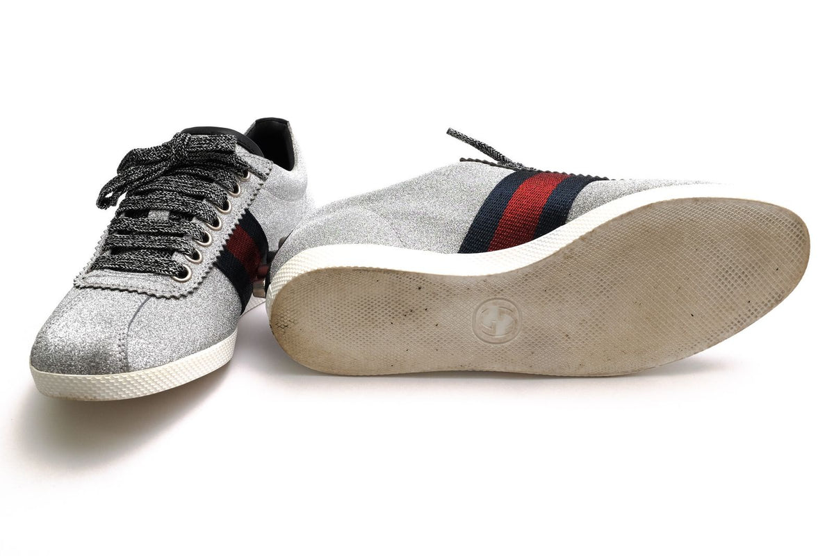 Gucci Sneakers Low Cut Leather Silver Bambi GG Low Top Signature Web Studs — view 7