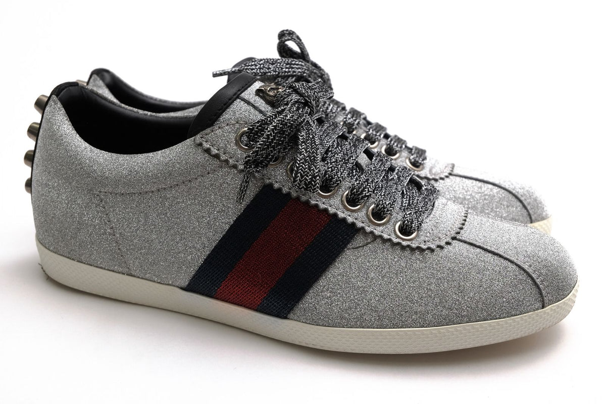 Gucci Sneakers Low Cut Leather Silver Bambi GG Low Top Signature Web Studs — view 2