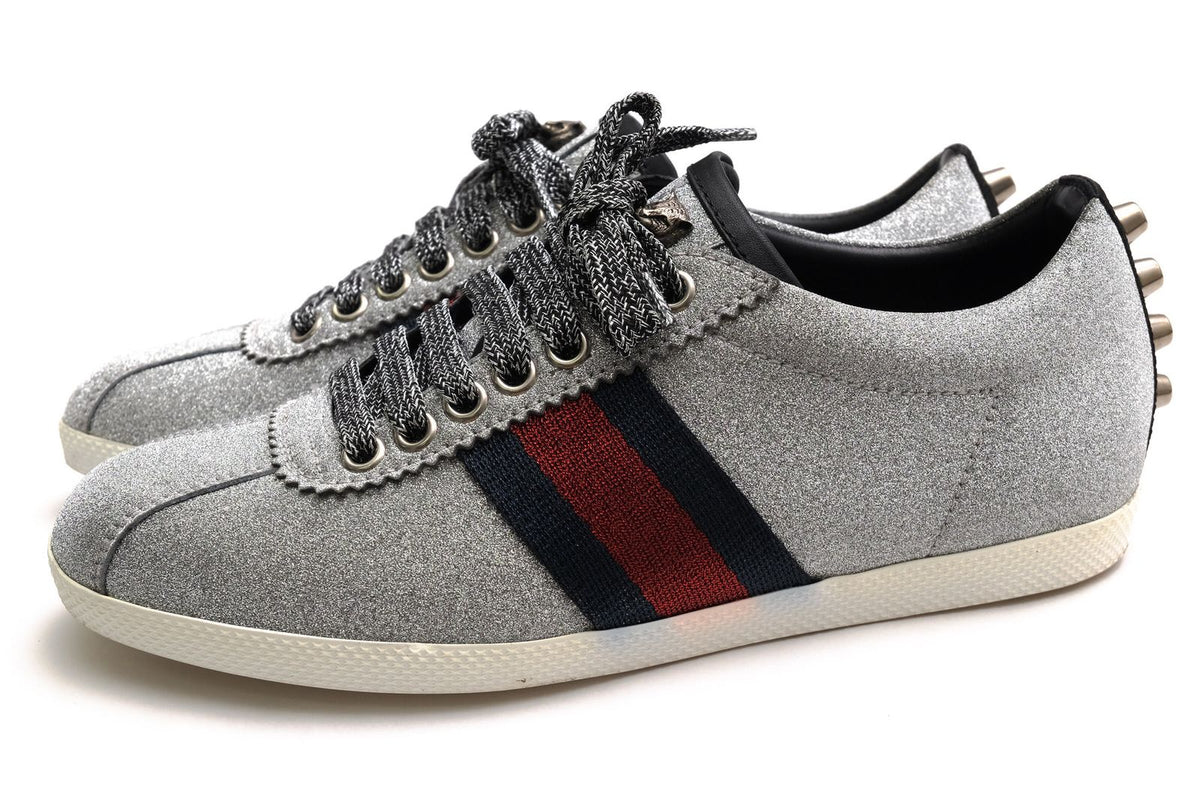 Gucci Sneakers Low Cut Leather Silver Bambi GG Low Top Signature Web Studs