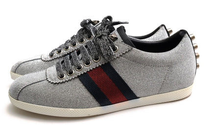 Gucci Sneakers Low Cut Leather Silver Bambi GG Low Top Signature Web Studs