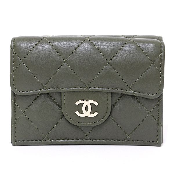 Chanel Classic Small Flap Wallet Trifold Quilted CC Logo Leather Khaki