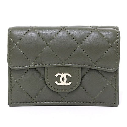 Chanel Classic Small Flap Wallet Trifold Quilted CC Logo Leather Khaki