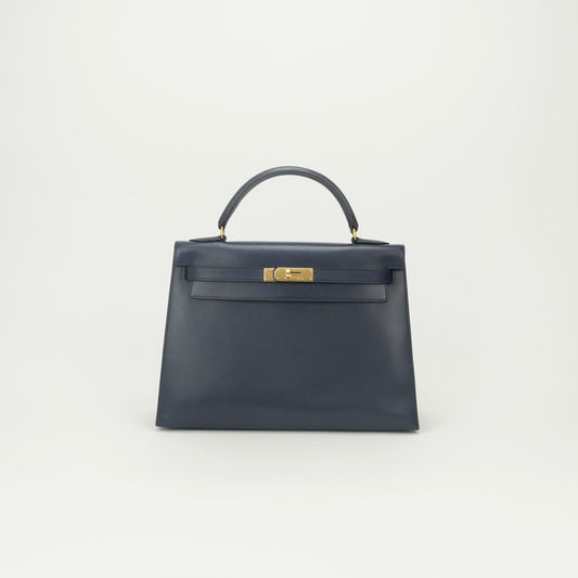 Hermes Kelly 32 Tote Shoulder Bag Box Calf Blue Gold 2-Way