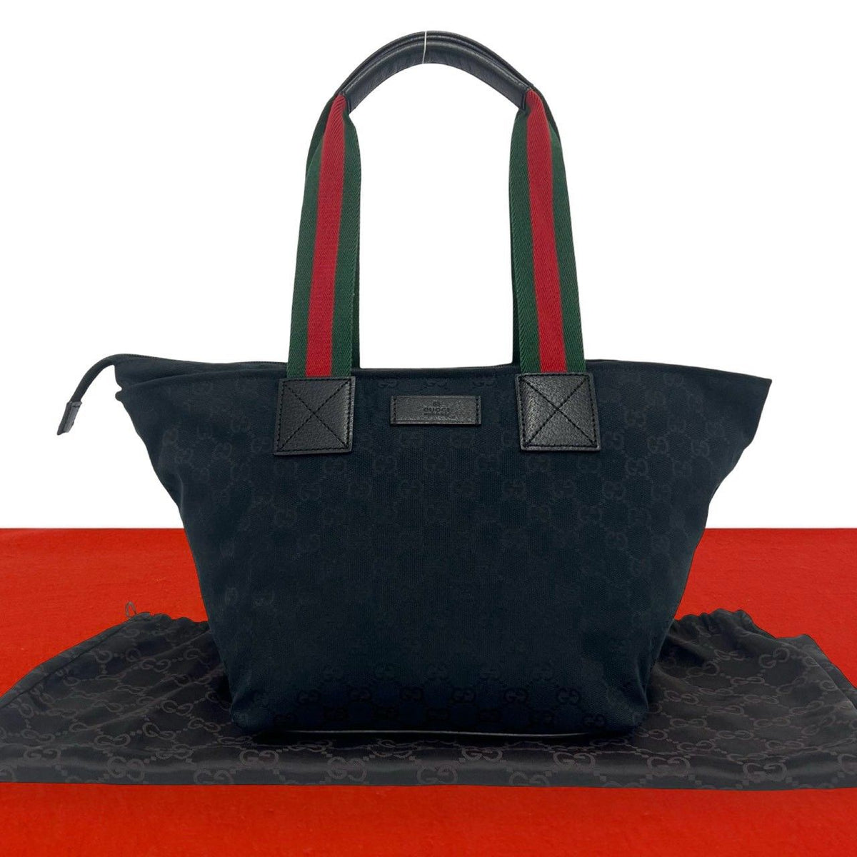 Gucci Sherry Line GG Canvas Logo Pattern Leather Tote Shoulder Bag Black