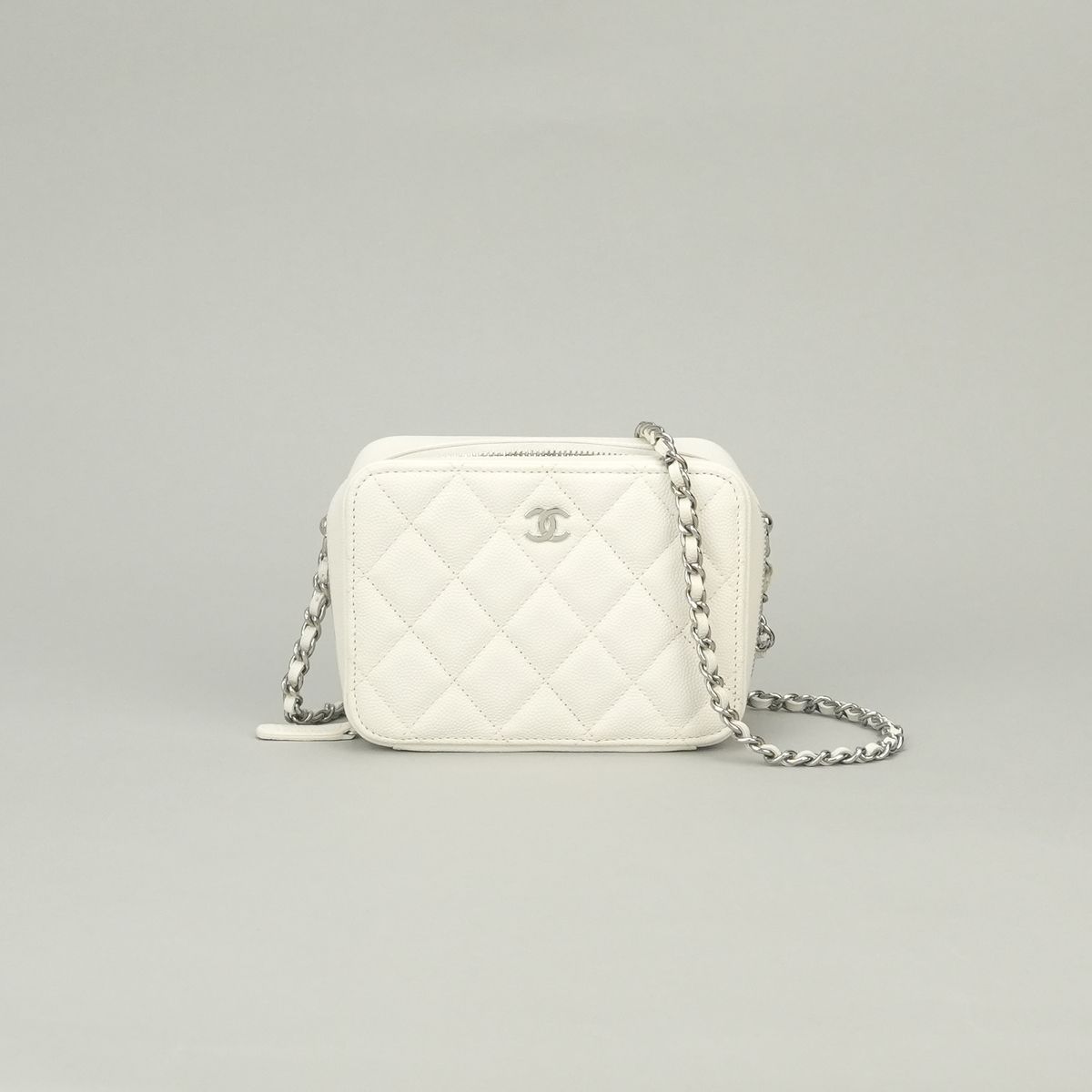 Chanel Quilted Shoulder Bag Caviar Leather White Silver CC Logo
