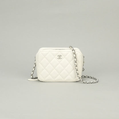 Chanel Quilted Shoulder Bag Caviar Leather White Silver CC Logo