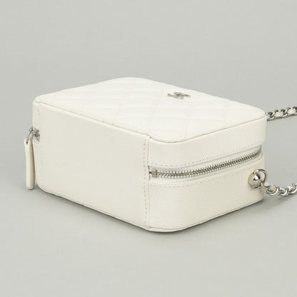 Chanel Quilted Shoulder Bag Caviar Leather White Silver CC Logo — view 5