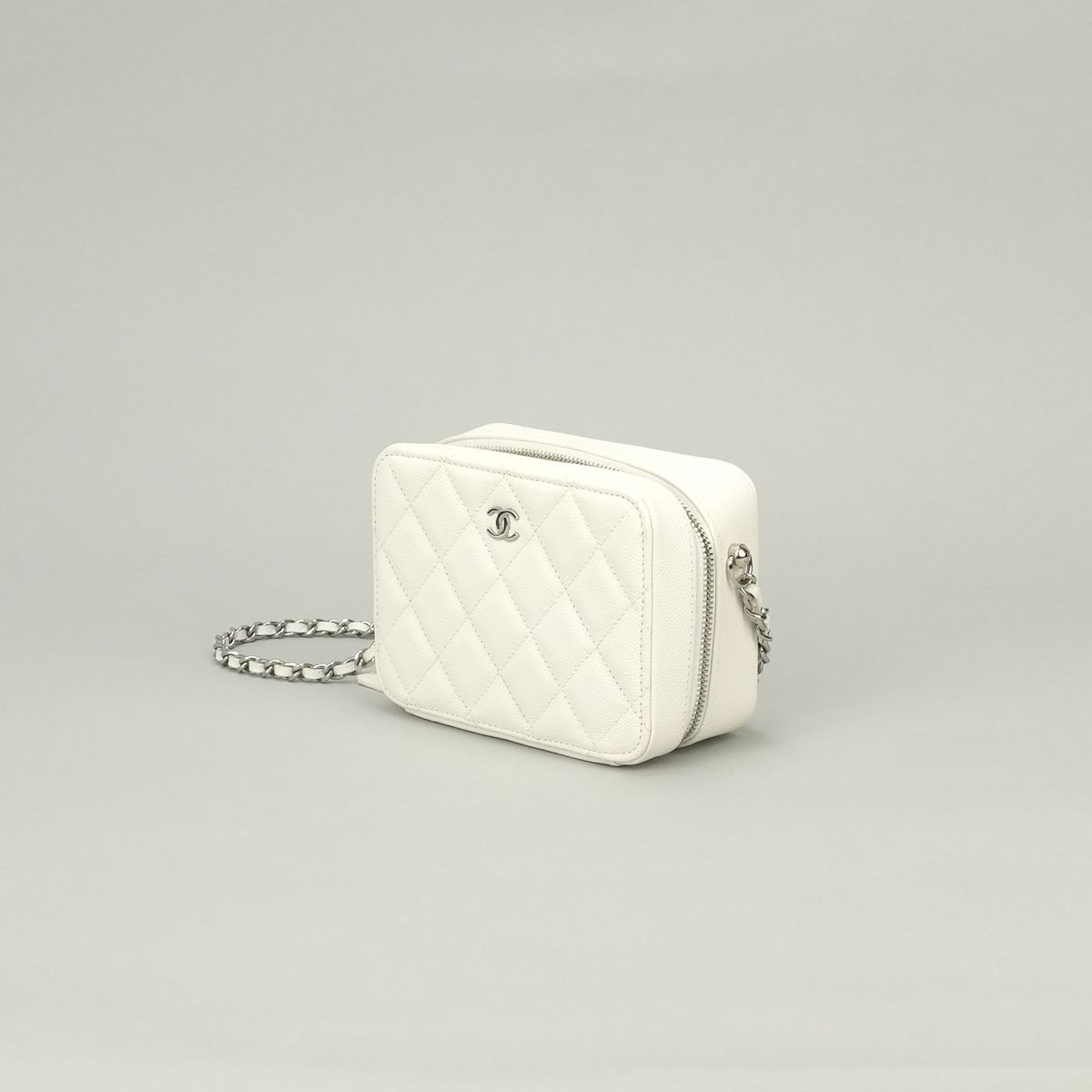Chanel Quilted Shoulder Bag Caviar Leather White Silver CC Logo — view 2
