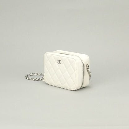Chanel Quilted Shoulder Bag Caviar Leather White Silver CC Logo — view 2