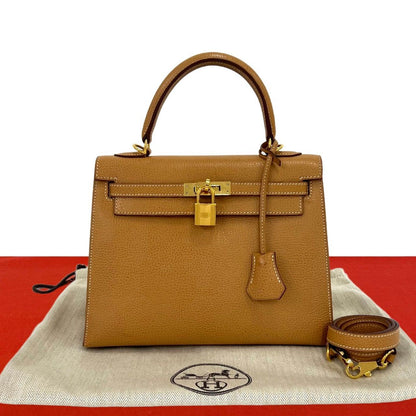 Hermes Kelly 25 Vache Liegee 2-Way Shoulder Bag Natural Sable