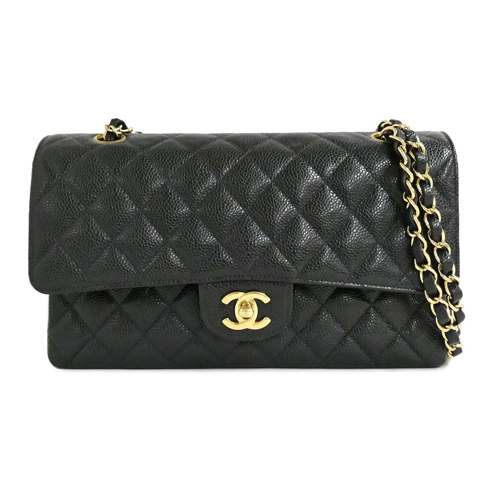 Chanel Quilted 25 Double Flap Chain Shoulder Bag Caviar Leather Black