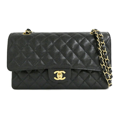 Chanel Quilted 25 Double Flap Chain Shoulder Bag Caviar Leather Black