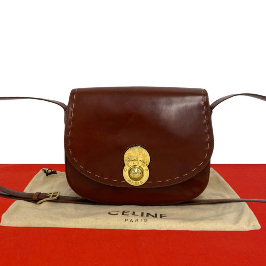 Celine Star Ball Circle Logo Leather Shoulder Bag Pochette Wine Red
