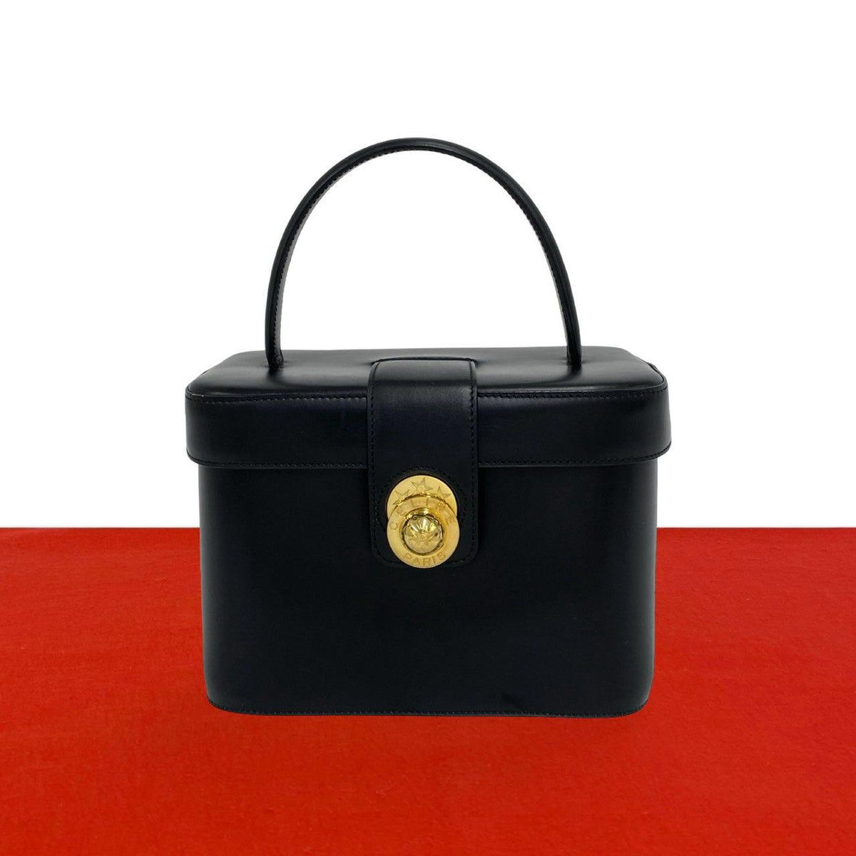 Celine Vintage Star Ball Logo Leather Handbag Vanity Bag Black
