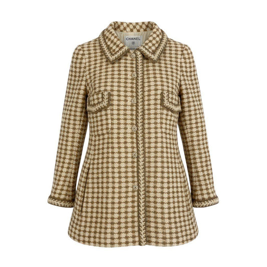 Chanel 00A Houndstooth Dot Pattern Button Tweed Coat Vintage Polka Dot Beige