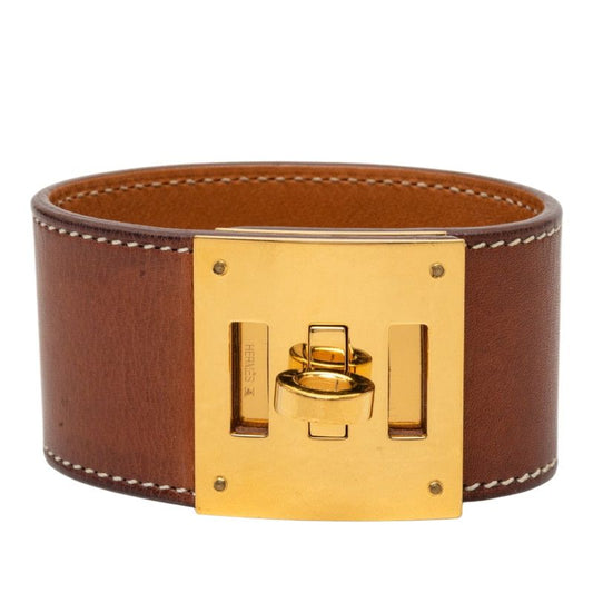 Hermes Kelly Dog Bracelet Stamp Brown Gold Leather Plated