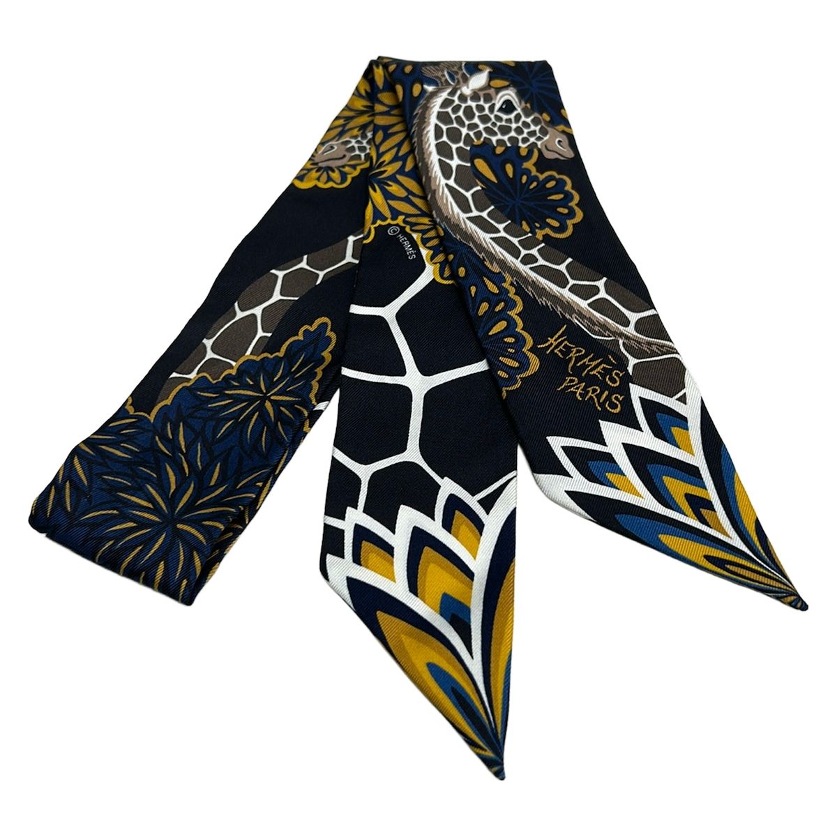 Hermes Scarf Twilly Black Yellow Brown the Three Graces Giraffe