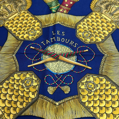 Hermes Scarf Carre 90 Navy Yellow Multi Les Tambours Silk — view 4