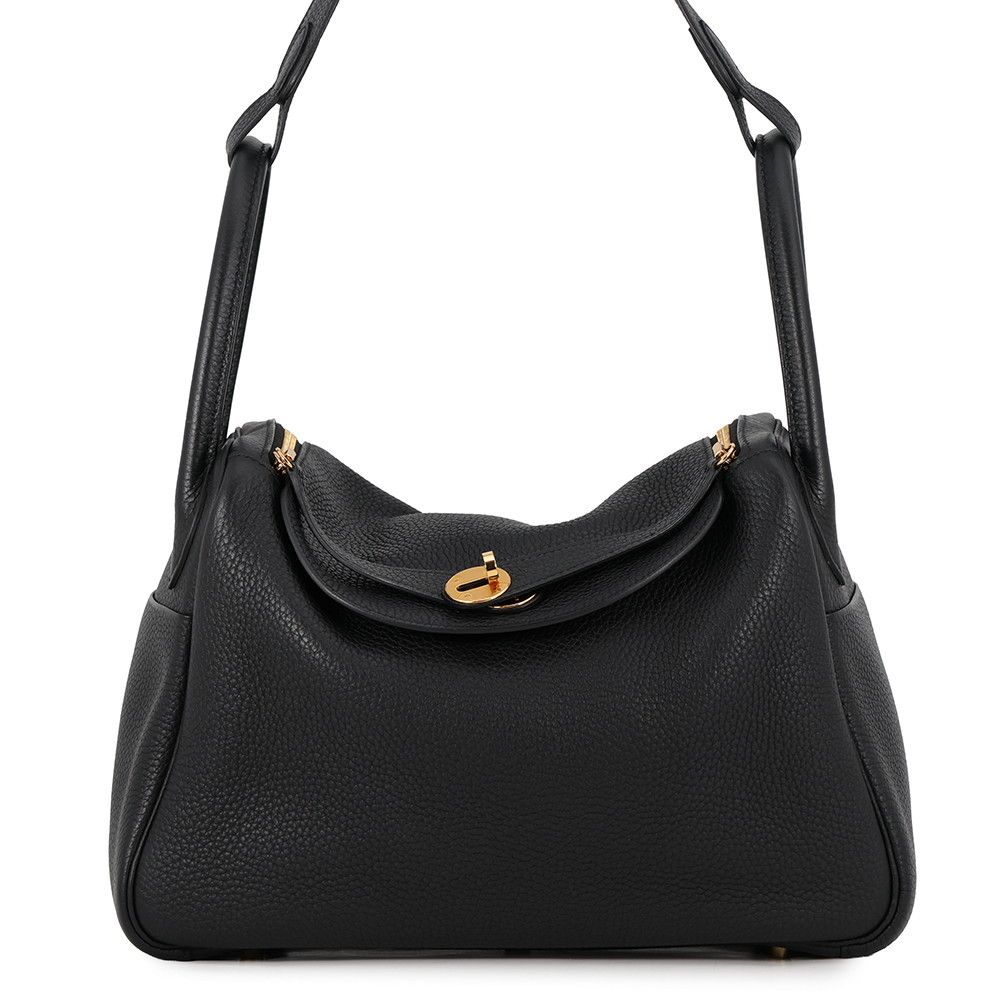 Hermes Lindy 30 Black Gold Taurillon Clemence 2-Way Shoulder Bag