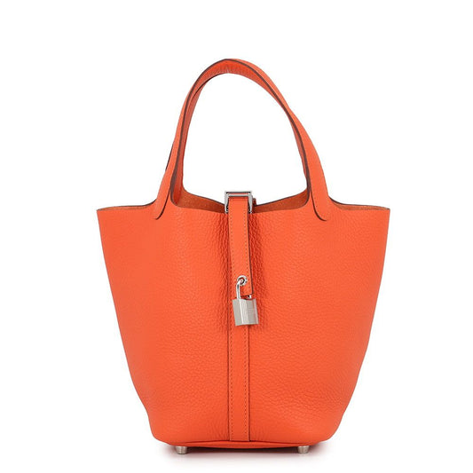 Hermes Handbag Picotin Lock PM Tangerine Silver Taurillon Clemence Tote