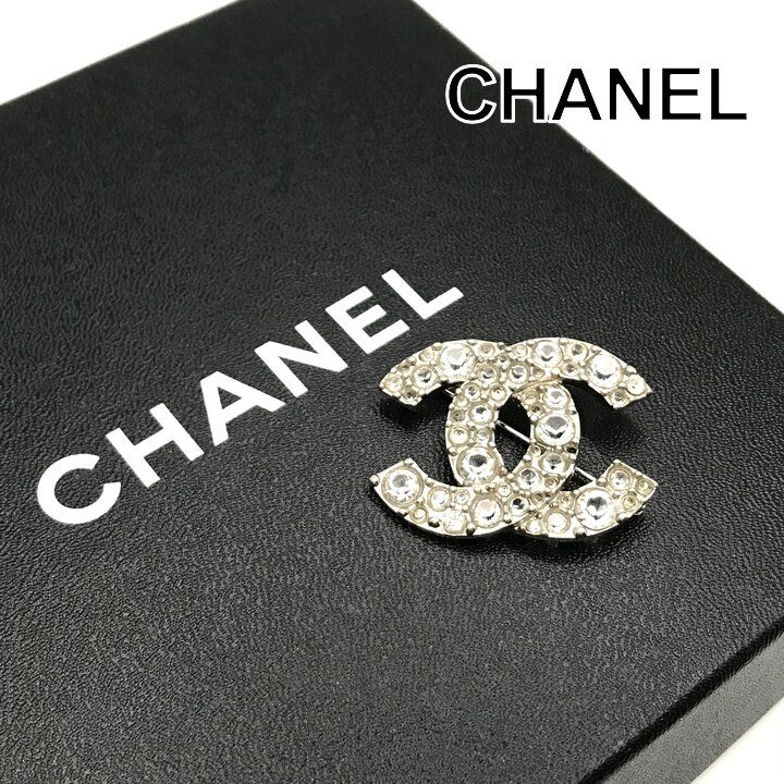 Chanel CC Logo Rhinestone Strass Brooch Pin Silver