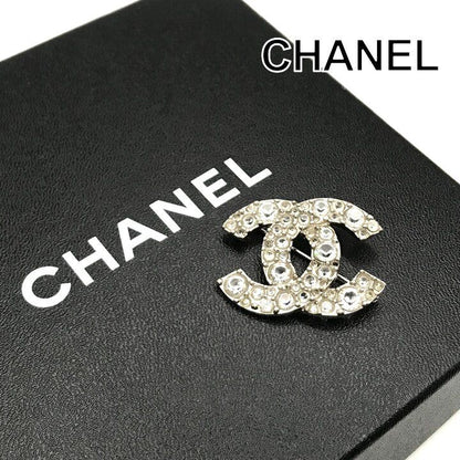 Chanel CC Logo Rhinestone Strass Brooch Pin Silver