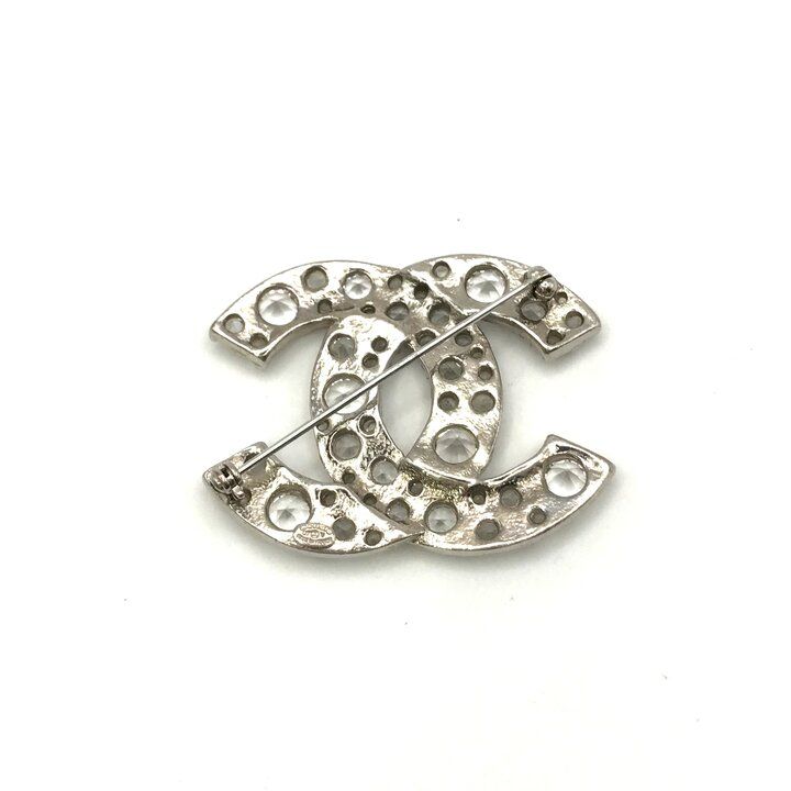 Chanel CC Logo Rhinestone Strass Brooch Pin Silver — view 3