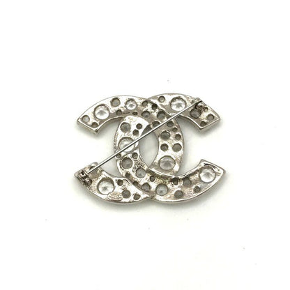 Chanel CC Logo Rhinestone Strass Brooch Pin Silver — view 3