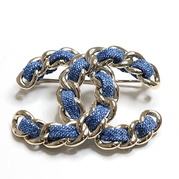 Chanel CC Logo Denim Brooch Metal Silver Blue