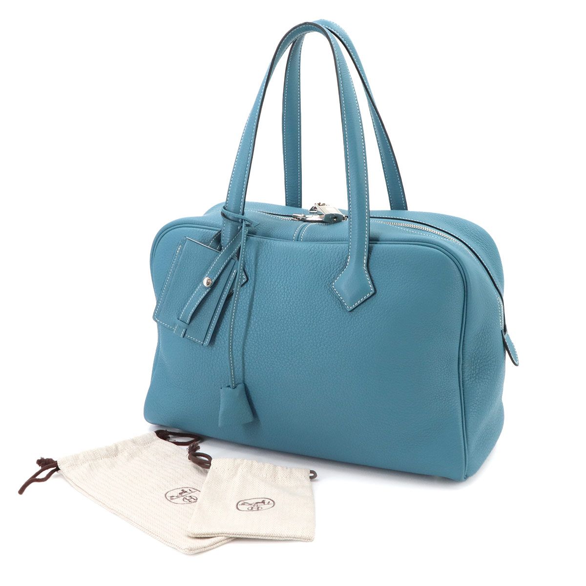 Hermes Victoria 35 Hand Bag Taurillon Clemence Blue Jean Silver — view 2