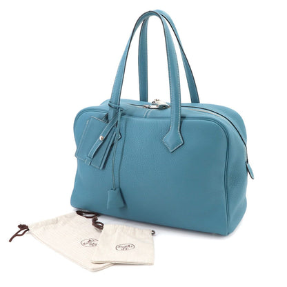 Hermes Victoria 35 Hand Bag Taurillon Clemence Blue Jean Silver — view 2
