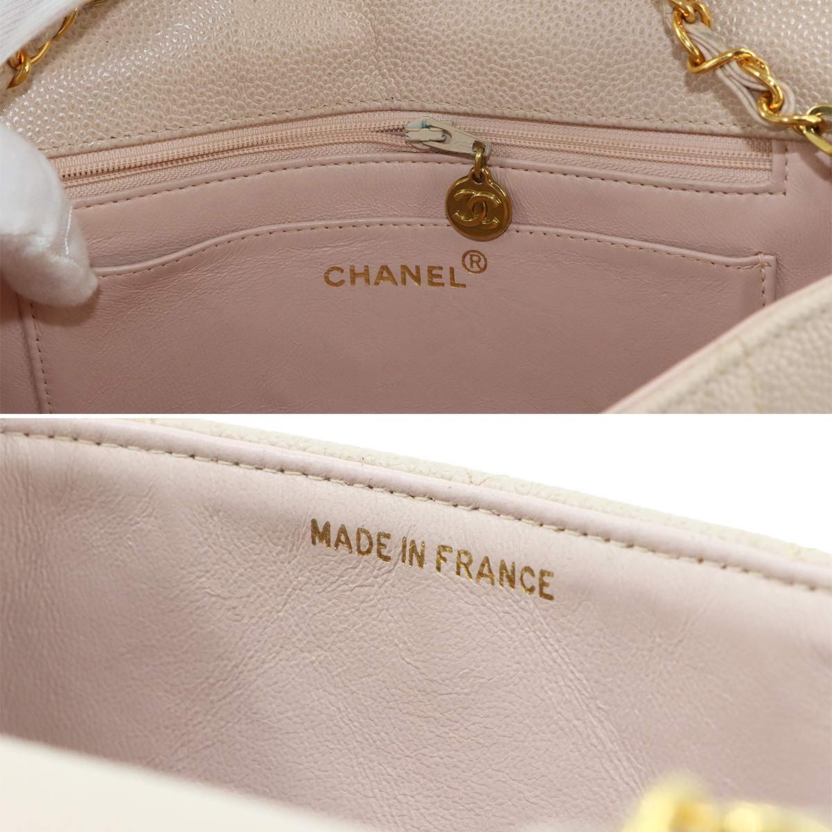 Chanel Diana Quilted 22 Chain Shoulder Bag Caviar Leather Pink Beige Vintage — view 8