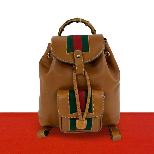 Gucci Vintage Sherry Line Bamboo Leather Backpack Brown