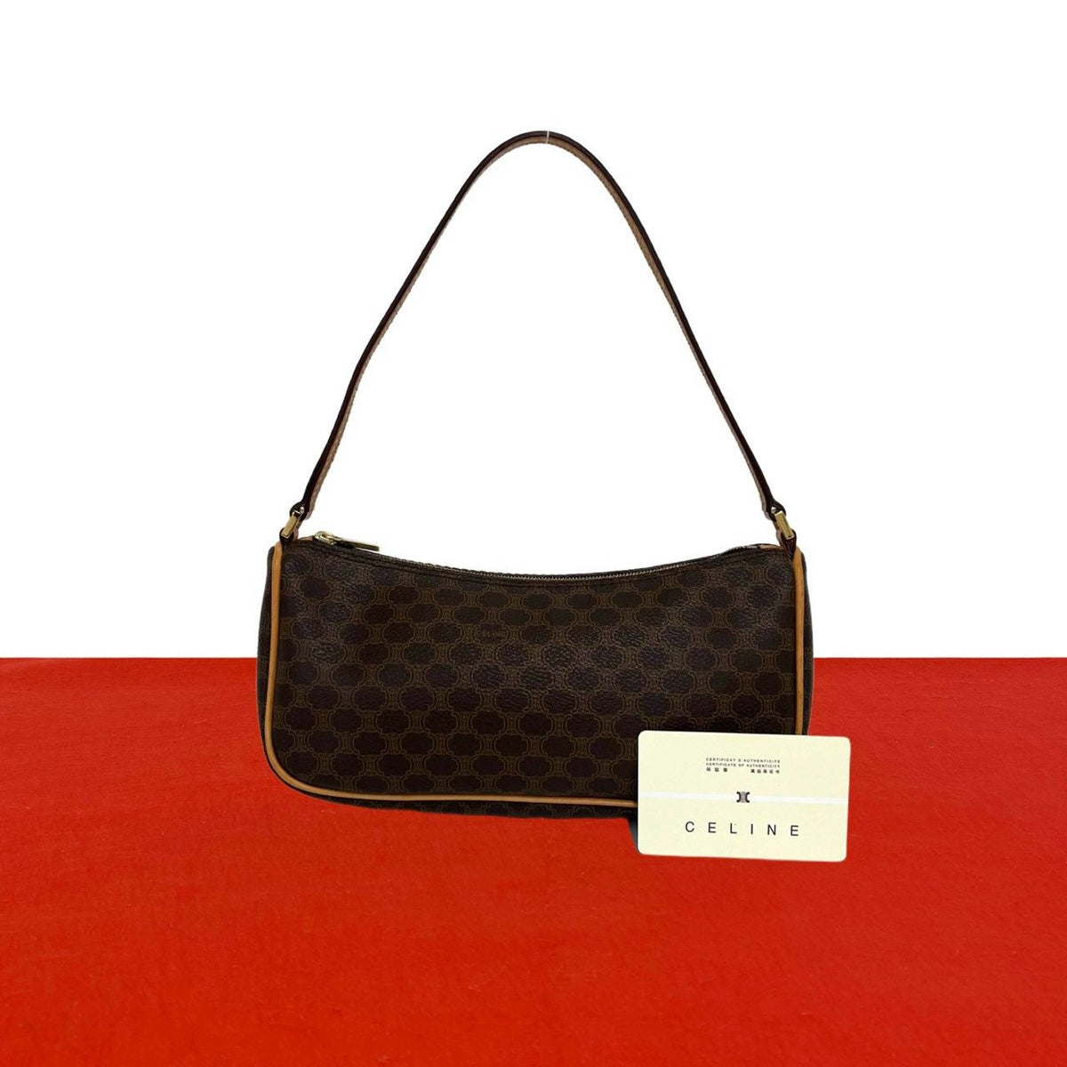Celine Macadam Blason Triomphe Pattern Leather Mini Shoulder Bag Brown